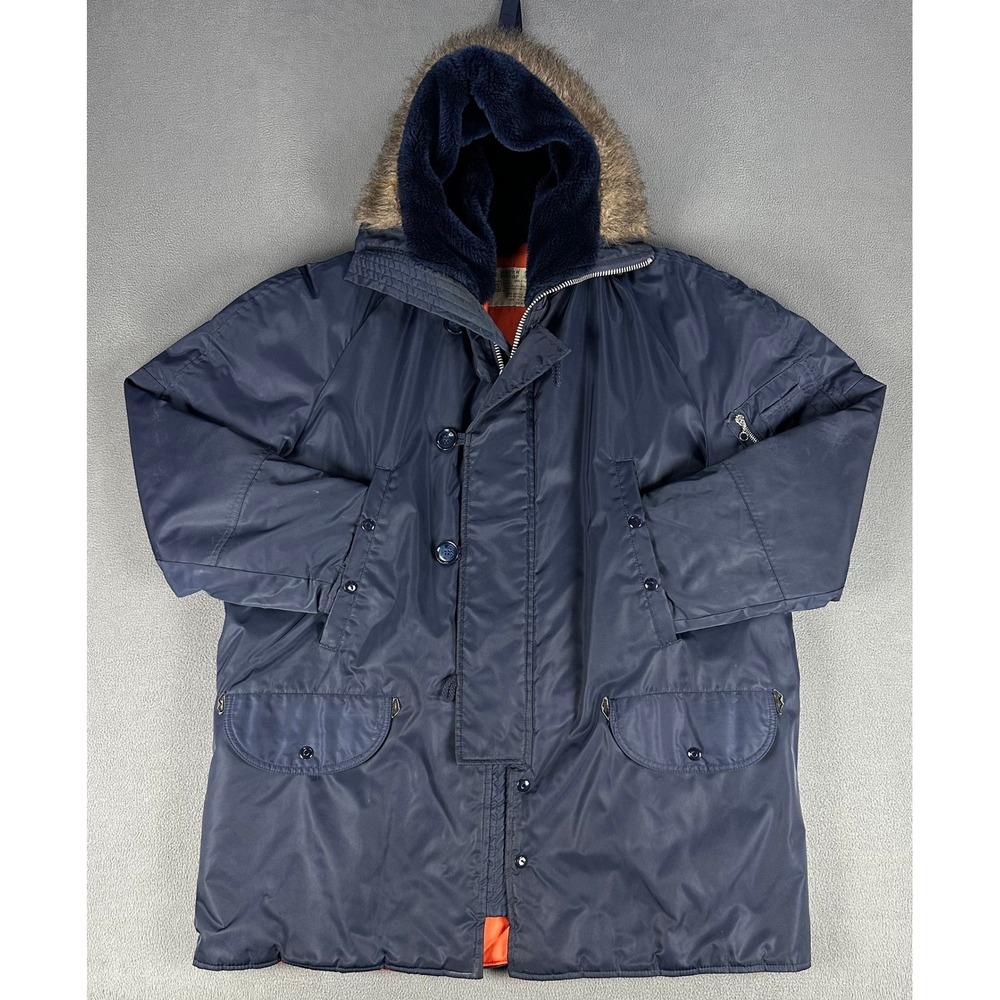 Vintage Snorkel Parka Jacket Mens Large Blue Kmart Faux Fur Hooded N-3B Coat 70s